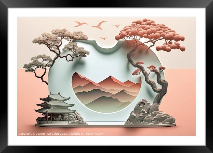 China, Tourist postcard of landscape topics, simple flat design  Framed Mounted Print by Joaquin Corbalan