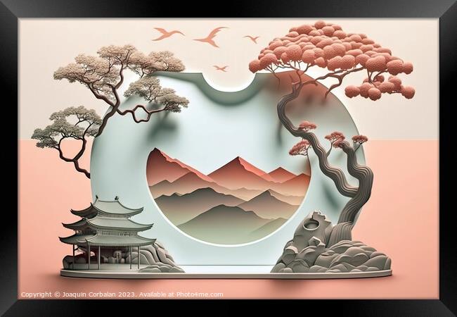 China, Tourist postcard of landscape topics, simple flat design  Framed Print by Joaquin Corbalan