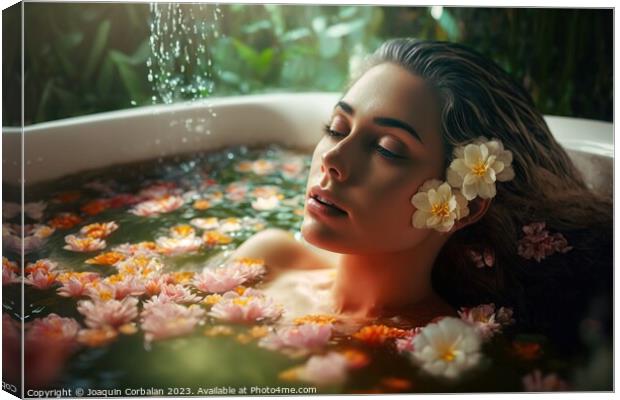 Portrait of a pretty young girl relaxing in a bathtub among natu Canvas Print by Joaquin Corbalan