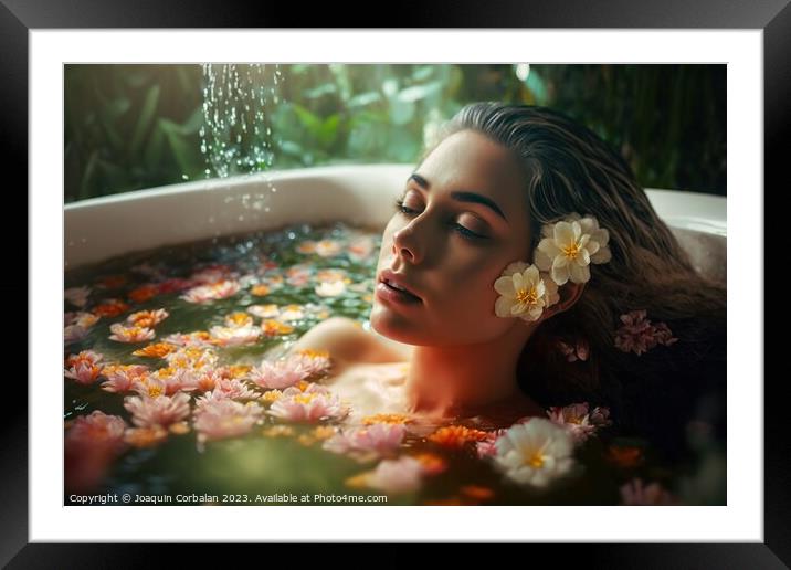 Portrait of a pretty young girl relaxing in a bathtub among natu Framed Mounted Print by Joaquin Corbalan