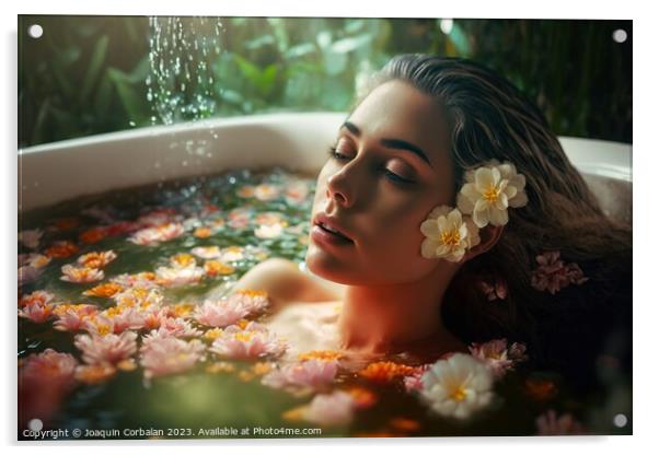 Portrait of a pretty young girl relaxing in a bathtub among natu Acrylic by Joaquin Corbalan