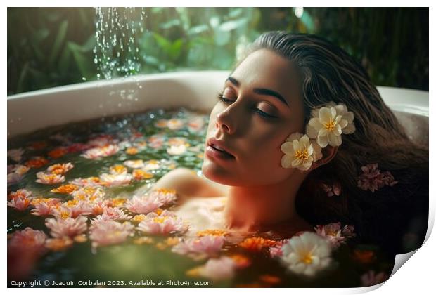 Portrait of a pretty young girl relaxing in a bathtub among natu Print by Joaquin Corbalan