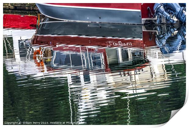 Red White Motoboat Reflection Gig Harbor Washington State Print by William Perry