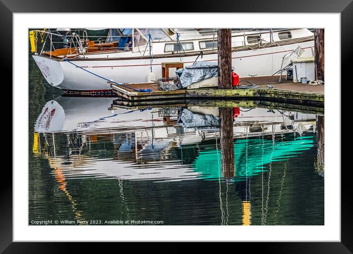 White Sailboat Reflection Gig Harbor Washington State Framed Mounted Print by William Perry