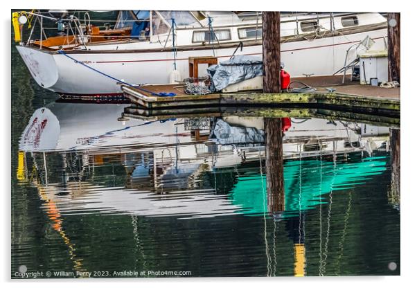 White Sailboat Reflection Gig Harbor Washington State Acrylic by William Perry