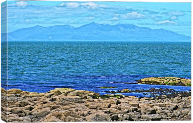 Mountain peaks of Arran viewed from Troon. Canvas Print by Allan Durward Photography
