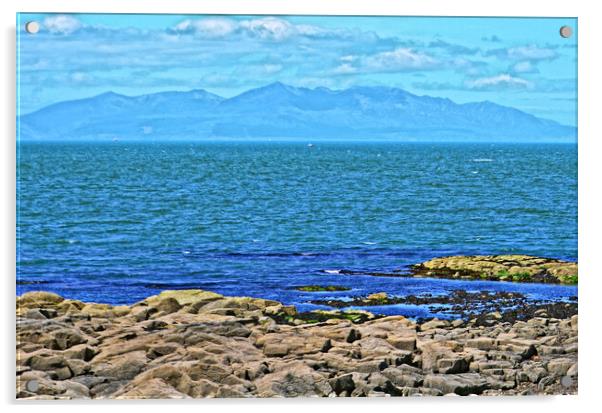 Mountain peaks of Arran viewed from Troon. Acrylic by Allan Durward Photography