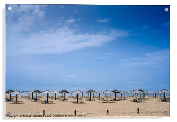 Beach with no one in the Algarve, in spring, with modern umbrell Acrylic by Joaquin Corbalan