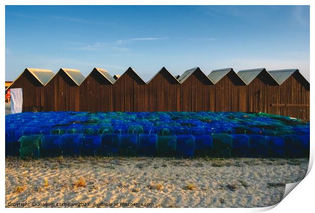 Pots, baskets and traps for fishing, piled up on the coast. Print by Joaquin Corbalan