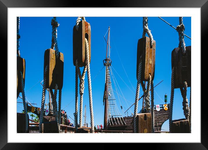 Ropes and rigging of an old caravel, ship of medieval explorers. Framed Mounted Print by Joaquin Corbalan