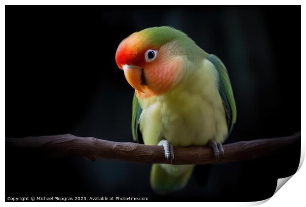 A beautiful lovebird created with generative AI technology. Print by Michael Piepgras