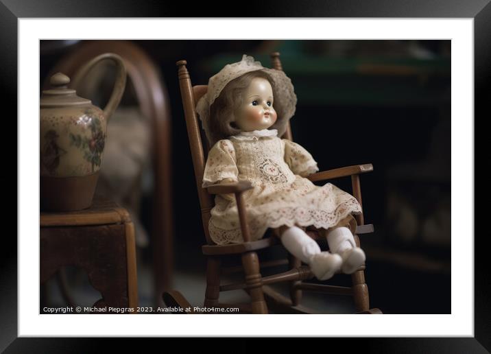 A beautiful vintage porcelain doll sitting on a rocking chair cr Framed Mounted Print by Michael Piepgras