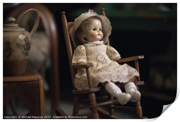 A beautiful vintage porcelain doll sitting on a rocking chair cr Print by Michael Piepgras
