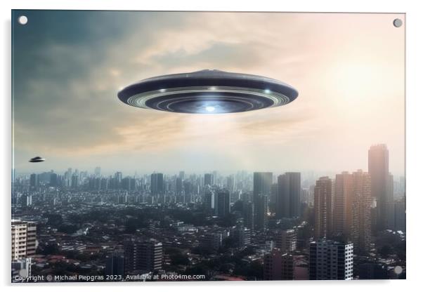 A big UFO above a modern city in the sky created with generative Acrylic by Michael Piepgras