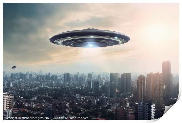 A big UFO above a modern city in the sky created with generative Print by Michael Piepgras