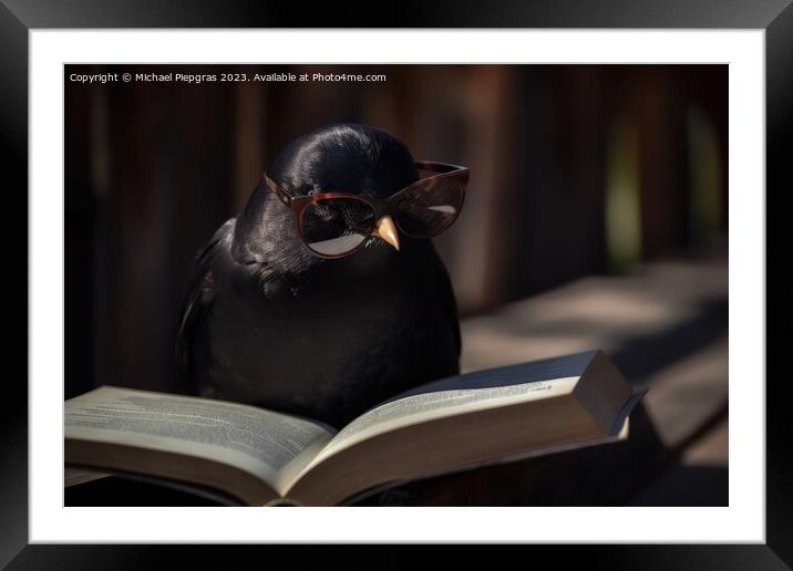 A blackbird wearing sunglasses and reading a book created with g Framed Mounted Print by Michael Piepgras