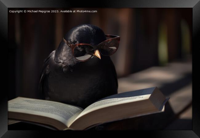 A blackbird wearing sunglasses and reading a book created with g Framed Print by Michael Piepgras
