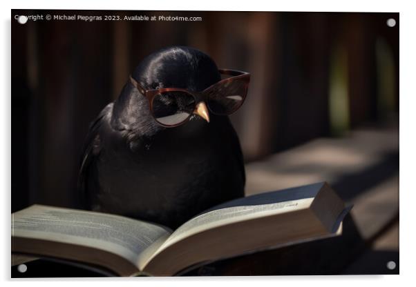 A blackbird wearing sunglasses and reading a book created with g Acrylic by Michael Piepgras