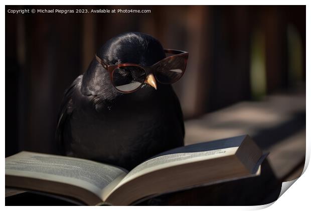 A blackbird wearing sunglasses and reading a book created with g Print by Michael Piepgras