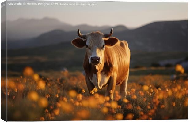 A cow on a field with some flowers created with generative AI te Canvas Print by Michael Piepgras
