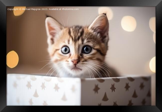 A cute kitten looking out of a present box created with generati Framed Print by Michael Piepgras