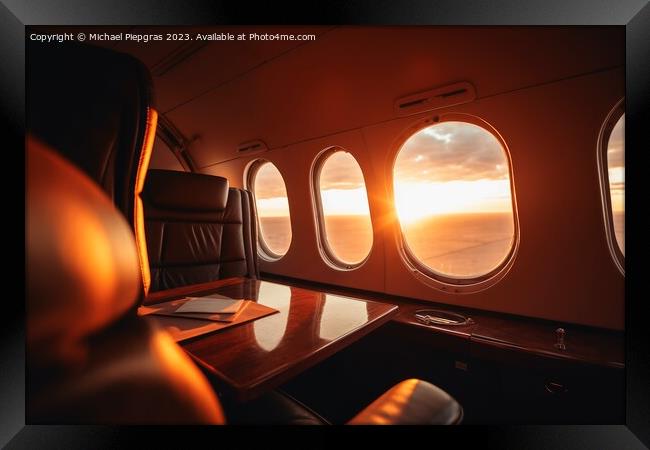 A first class area in a business jet with the sunset through a w Framed Print by Michael Piepgras