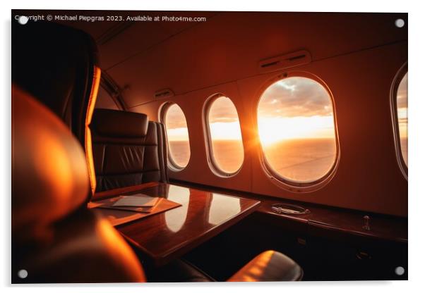 A first class area in a business jet with the sunset through a w Acrylic by Michael Piepgras