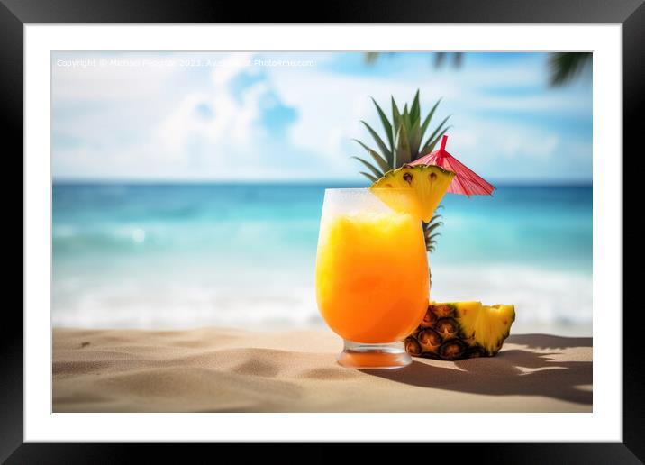 A fruity cocktail with a beautiful paradise beach soft backgroun Framed Mounted Print by Michael Piepgras