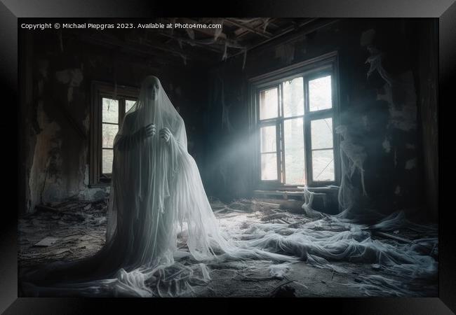 A ghostly apparition in an old run-down house created with gener Framed Print by Michael Piepgras