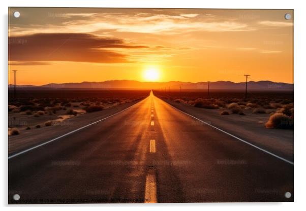 A lonely straight road in the American landscape at sunset creat Acrylic by Michael Piepgras