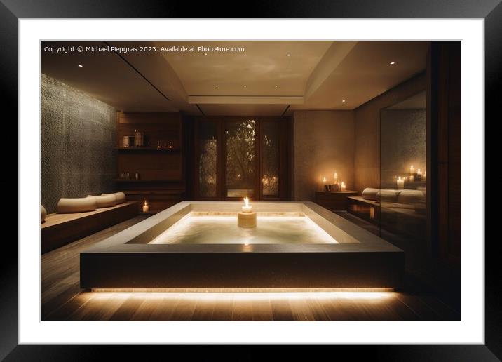 A luxury spa area with a huge bathtub and candle light created w Framed Mounted Print by Michael Piepgras
