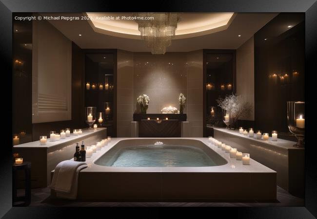 A luxury spa area with a huge bathtub and candle light created w Framed Print by Michael Piepgras