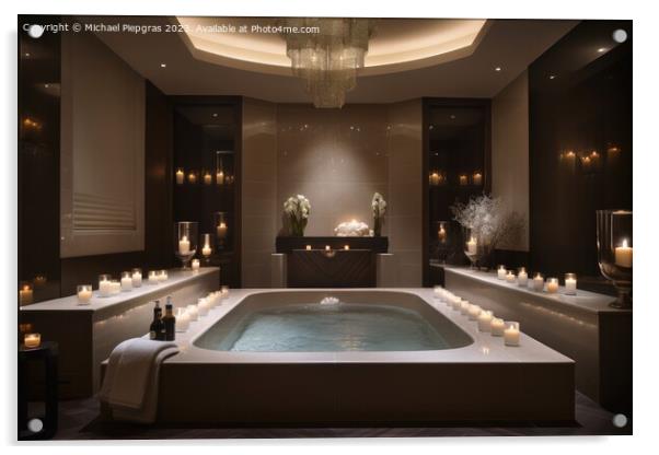 A luxury spa area with a huge bathtub and candle light created w Acrylic by Michael Piepgras