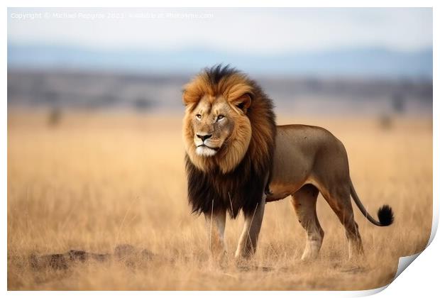 A male lion in the savannah king of animals created with generat Print by Michael Piepgras