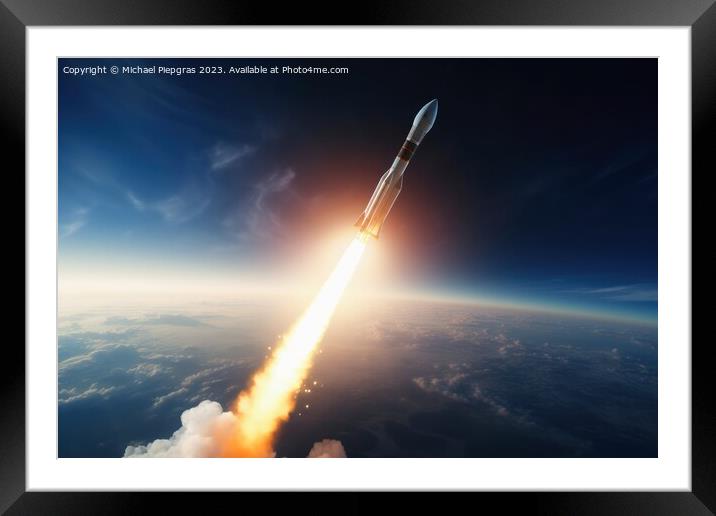 A modern rocket launching from earth created with generative AI  Framed Mounted Print by Michael Piepgras