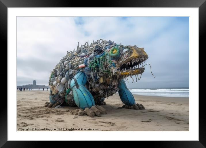 A monster made of plastic waste on the ocean beach created with  Framed Mounted Print by Michael Piepgras