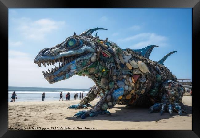 A monster made of plastic waste on the ocean beach created with  Framed Print by Michael Piepgras
