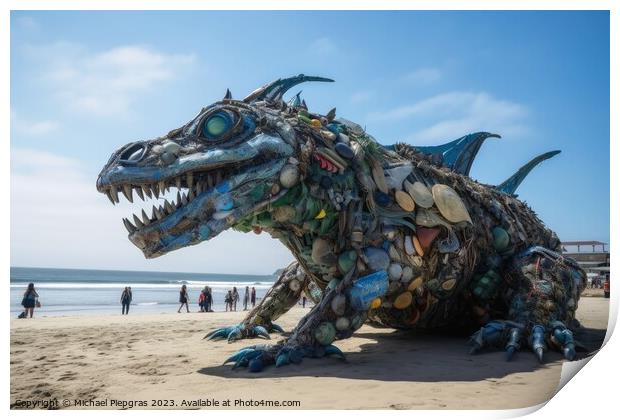 A monster made of plastic waste on the ocean beach created with  Print by Michael Piepgras