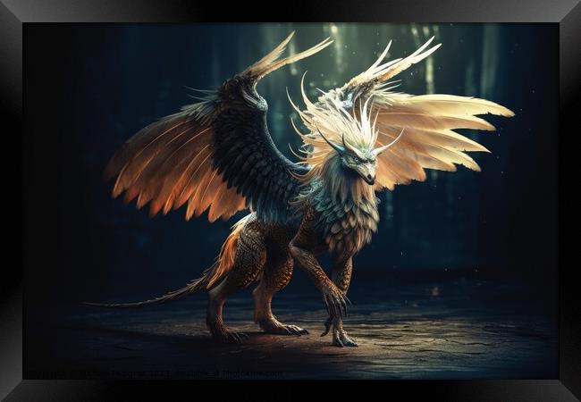 A mythical creature with wings created with generative AI techno Framed Print by Michael Piepgras