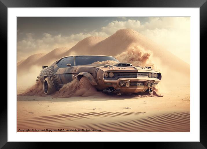 A fast muscle car churns up sand in a desert created with genera Framed Mounted Print by Michael Piepgras