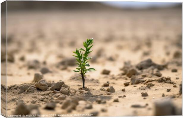 A single green plant shoot in a completely dry environment creat Canvas Print by Michael Piepgras