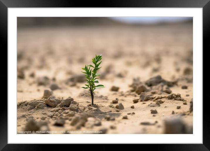 A single green plant shoot in a completely dry environment creat Framed Mounted Print by Michael Piepgras