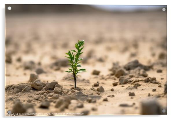 A single green plant shoot in a completely dry environment creat Acrylic by Michael Piepgras