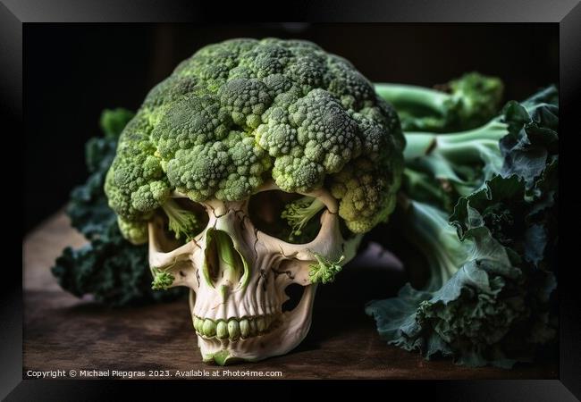 A skull made of broccoli created with generative AI technology. Framed Print by Michael Piepgras