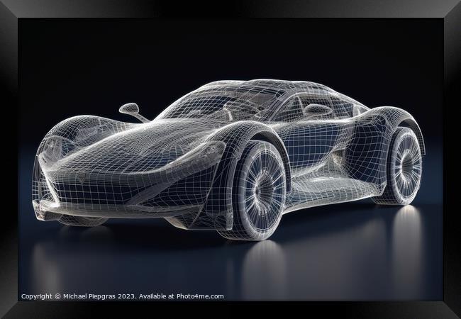 A sports car that transitions into a wireframe model created wit Framed Print by Michael Piepgras