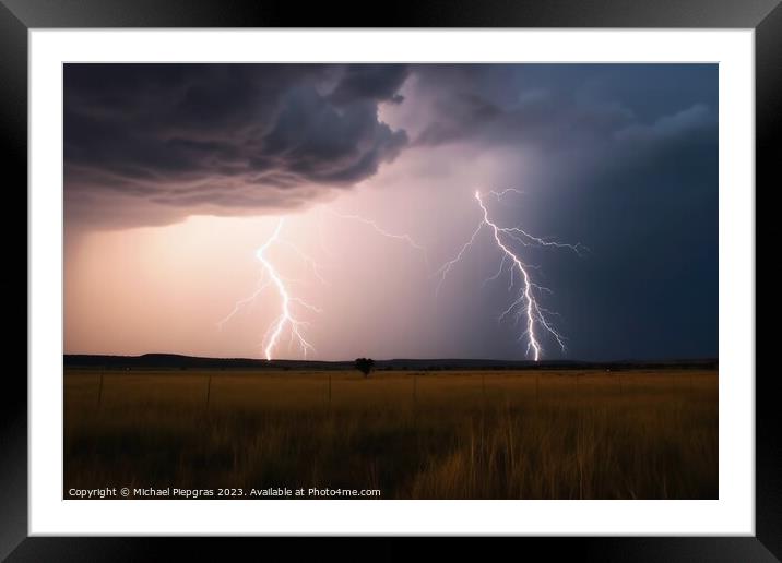 A stormy sky with lightning strikes from the clouds to the ground created with generative AI technology. Framed Mounted Print by Michael Piepgras