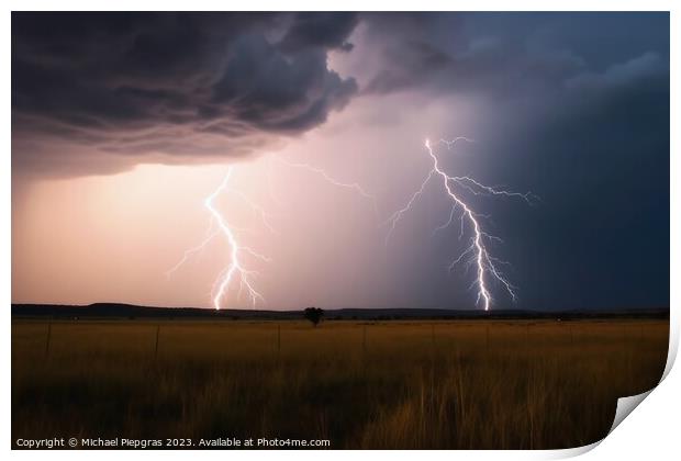 A stormy sky with lightning strikes from the clouds to the ground created with generative AI technology. Print by Michael Piepgras