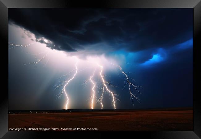 A stormy sky with lightning strikes from the clouds to the ground created with generative AI technology. Framed Print by Michael Piepgras