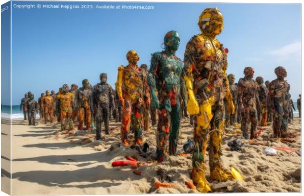 A swarm of evil plastic waste figures conquers the beach from th Canvas Print by Michael Piepgras