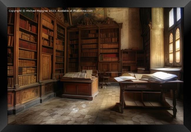 A very old library with many old books created with generative A Framed Print by Michael Piepgras
